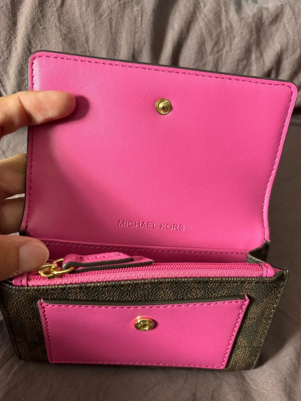 Michael Kors Brown MK Logo Wallet with Hot Pink Trim